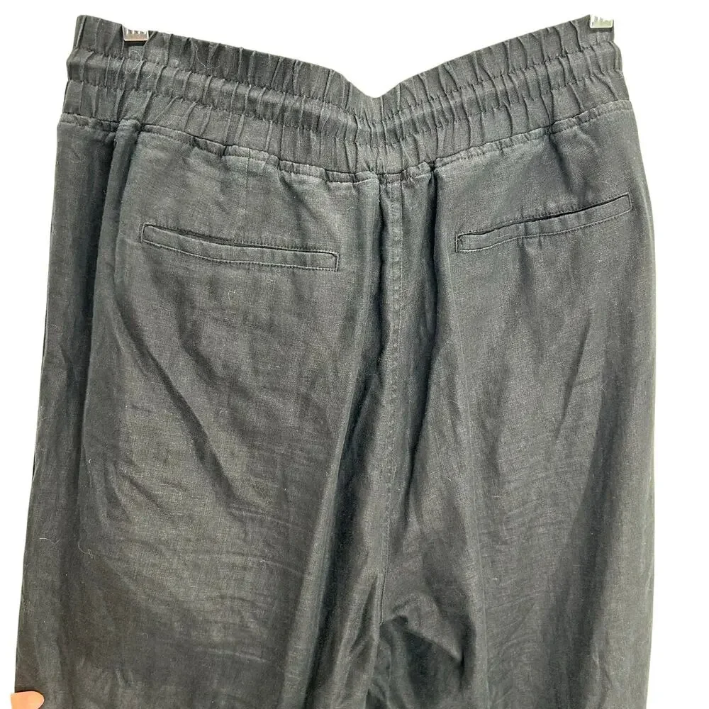 Quince womans linen black pull on pants XL wide leg high rise lagenlook lounge